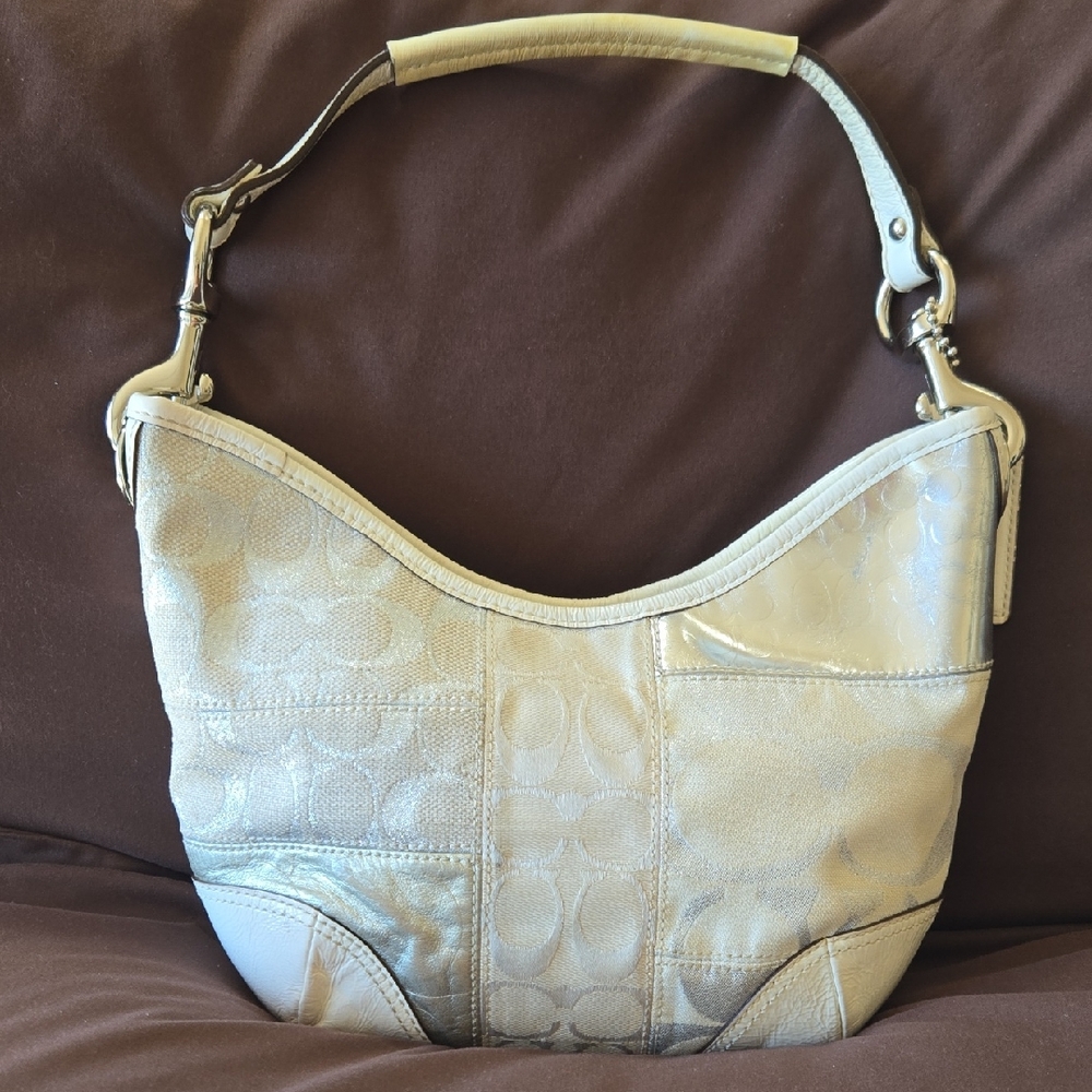 Coach 2000s White Silver Patvhwork Baguette Shoulder Bag Y2K